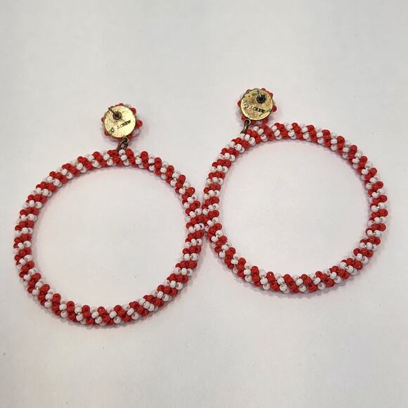 J Crew Red White Seed Bead Hoop Dangle Post Earrings Striped Oversized Playful - Picture 4 of 6